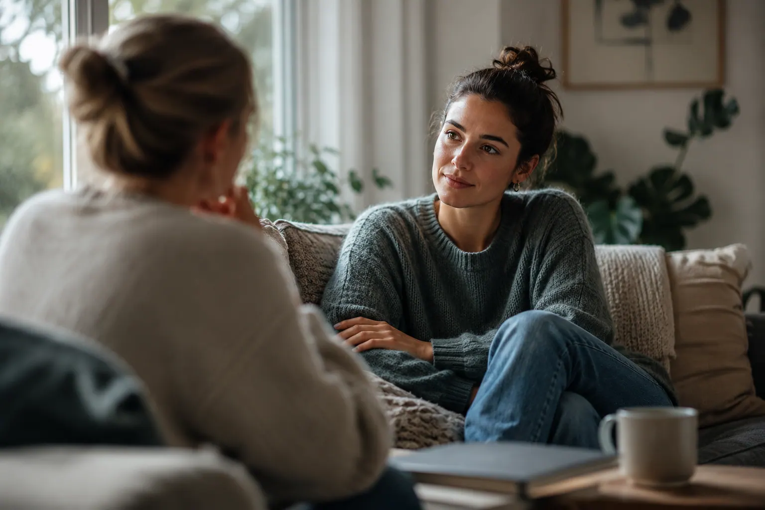 Two women having a calm, private recovery conversation at home