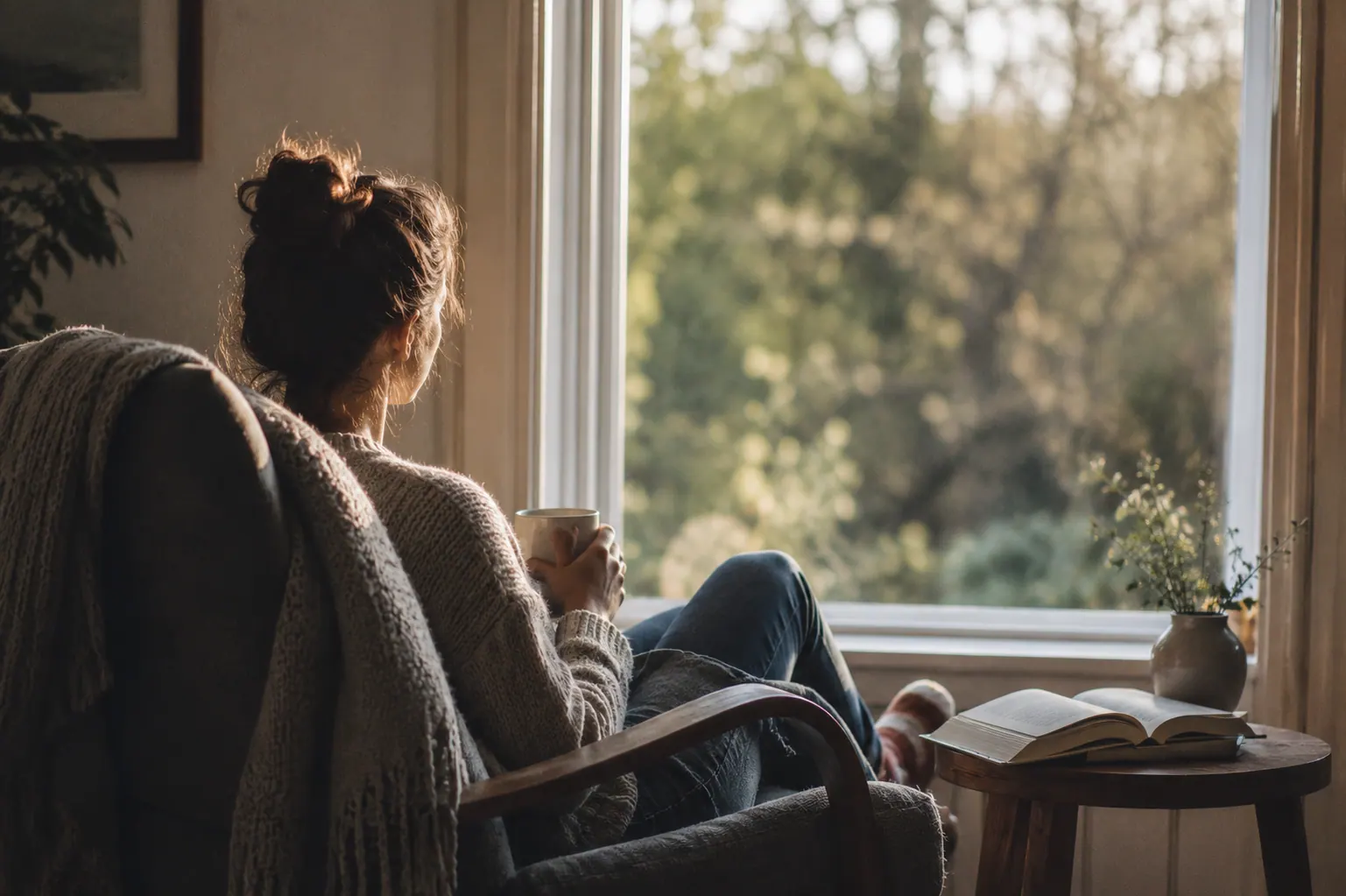 A person resting with a warm drink beside a sunlit window