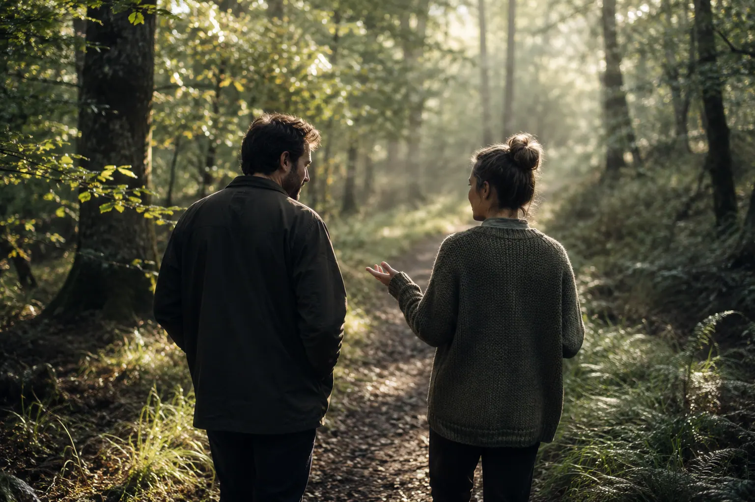 Two people talking while walking together through sunlit woodland